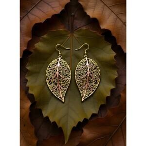 Gold Filigree Leaf Pendant Necklace Large 2.75” Nature Statement Jewelry